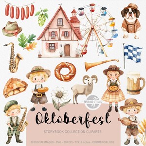 May include: Watercolor illustration with Oktoberfest theme. Includes a house, Ferris wheel, sausage, pretzel, beer mug, and characters in traditional clothing. The text "Oktoberfest" is displayed in the image.