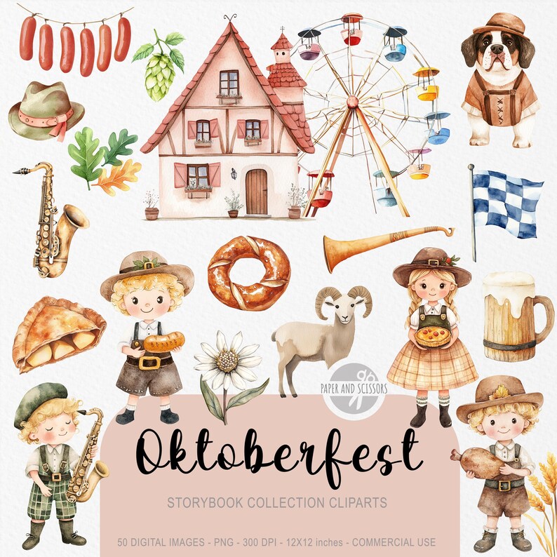 May include: Watercolor illustration with Oktoberfest theme. Includes a house, Ferris wheel, sausage, pretzel, beer mug, and characters in traditional clothing. The text "Oktoberfest" is displayed in the image.