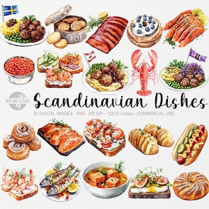 Puede incluir: Ilustración en acuarela de varios platos escandinavos, que incluyen albóndigas, salmón, pasteles y sándwiches abiertos. La imagen presenta una variedad de alimentos con una superposición de texto que dice "Scandinavian Dishes".