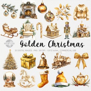 20 cliparts de Noël dorés, PNG de vacances, Golden Celebration, imprimable hiver, décembre confortable, autocollants aquarelles, calendrier de l'Avent, NYE