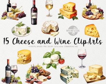 15 Cheese and Wine ClipArt, Cheese and Wine PNG, Wine illustration, Watercolor Cheese, Drinks PNG, Drinks ClipArt, Food PNG, Bar, Restaurant