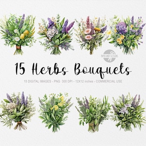 15 ClipArt di mazzi di erbe, PNG di mazzi di erbe, illustrazione di mazzi di erbe, mazzi di erbe dell'acquerello, erbe, verde, cibo, fiori, arte