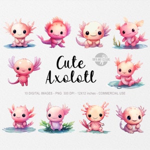 10 axolotls mignons, axolotl aquarelle, salamandre mexicaine, bébé axolotl, salamandre mignonne, sublimation axolotl, déco chambre d'enfant rose