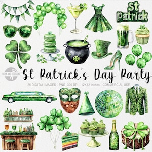 25 ClipArts de festa do dia de São Patrício, PNG de sublimação, trevo de aquarela, ilustração de trevo, arte irlandesa, tudo verde, decoração de celebração