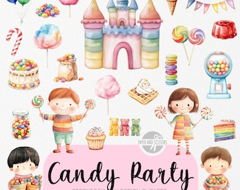 35 Cute Candy Party Clipart, Watercolor Storybook, Sweets, Treats, Party Children Invite Decor, Instant Download, Commercial License