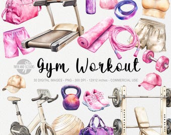 Gymträning Clipart, Akvarell Fitness PNG, Träning Sport Clipart, Digital Nedladdning, Scrapbooking, Hobby Sport, Rosa Lila Beige, Vikter