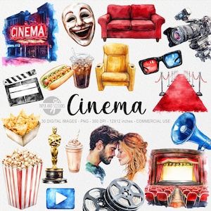 映画のクリップアート、水彩画の映画 PNG、映画祭のクリップアート、デジタル ダウンロード、スクラップブック、映画、俳優、演技、劇場、ポップコーン、テレビ