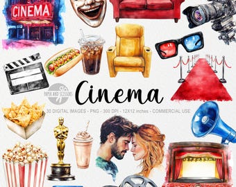 May include: A set of 30 digital watercolor illustrations of movie-themed items, including a popcorn bucket, a movie ticket, a clapperboard, a red carpet, a movie reel, a popcorn bucket, a hot dog, a 3D glasses, a movie theater, a popcorn bucket, a movie ticket, a clapperboard, a red carpet, a movie reel, a popcorn bucket, a hot dog, a 3D glasses, a movie theater, a popcorn bucket, a movie ticket, a clapperboard, a red carpet, a movie reel, a popcorn bucket, a hot dog, a 3D glasses, a movie theater, a popcorn bucket, a movie ticket, a clapperboard, a red carpet, a movie reel, a popcorn bucket, a hot dog, a 3D glasses, a movie theater.