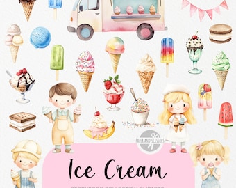 35 ClipArt Eisdiele, Aquarell Bilderbuch, Essen Kinderzimmer, Popsice, Eisbecher, LKW-Geburtstagsfeier einladen & Dekor sofort herunterladen