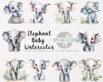 Baby Elephant Watercolor Clipart, Baby Elephant PNG, Elephant illustration, Children Art, Kids Wall Art, Nursery Decor, Baby Shower Clipart