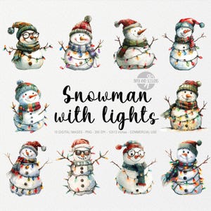 10 sneeuwpoplichten Cliparts, schattige sneeuwpop png, schattige winter afdrukbaar, kerstverlichting, winterdecor, kerstkaart, eenvoudige sublimatie, sneeuw