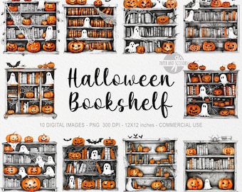 10 Halloween Bookshelf ClipArt, Halloween Bookcases PNG, Library, Pumpkin Design, Watercolor Illustration, Witchy, Ghost, Spider, Bat, Dark