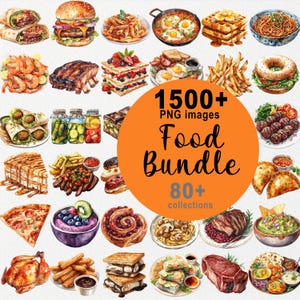 Mais de 1500 imagens PNG de alimentos e bebidas, pacote de clipart de alimentos, PNG de bebidas, arte de alimentos em aquarela, clipart de livros de receitas, adesivos, receitas, pratos, pratos, restaurantes