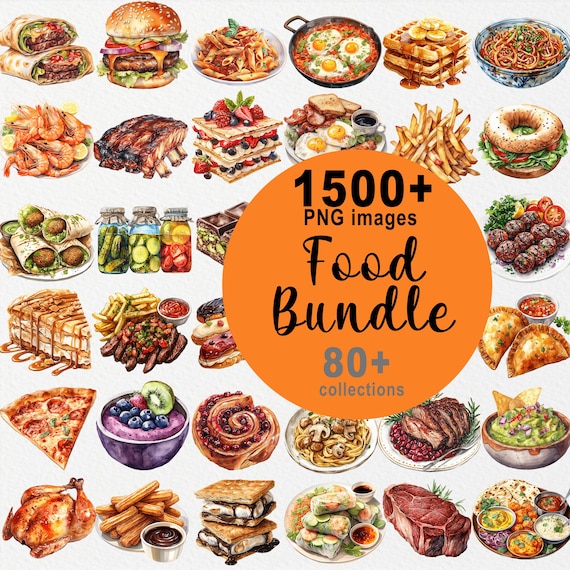 1500+ Food & Drinks PNG Images, Food ClipArt Bundle, Drink PNG, Watercolor Food Art, Cookbook ClipArt, Sticker, Recipe, Dish, Courses, Diner