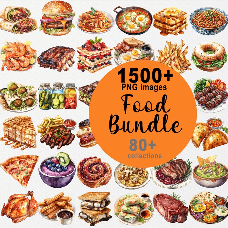 May include: A collection of over 1500 watercolour illustrations of various food items, including burgers, pasta, pastries, and more. The illustrations are grouped into over 80 collections, making this a comprehensive food illustration bundle.