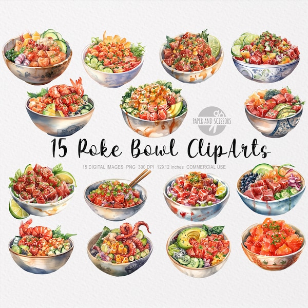 15 Poke Bowl ClipArt, Poke Bowl PNG, Poke Bowl illustration, Watercolor Poke Bowl, Hawaiian Food, Hawaiian Poke Bowl Illustration, Healthy