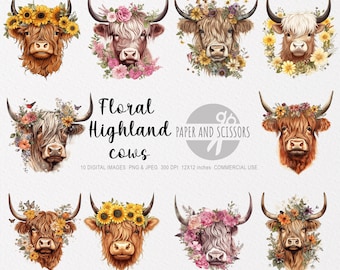 Floral Highland Cows Clipart, Cows PNG, Cow illustration, Cow Clipart, Transparent background, Instant download, Digital art, Wall Art 12x12