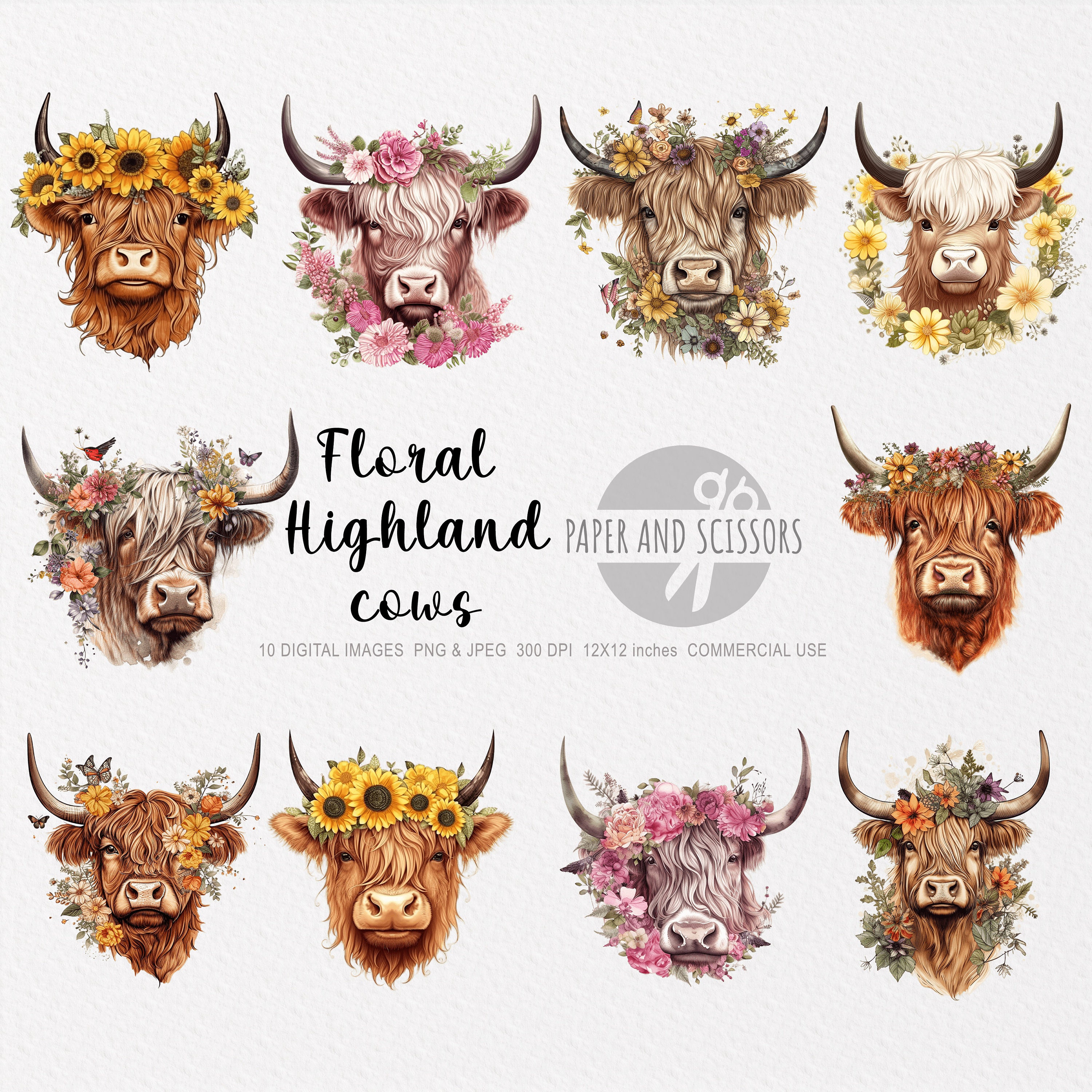 Floral Highland Cows Clipart, Cows PNG, Cow Illustration, Cow Clipart ...