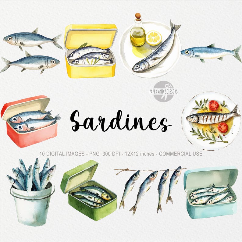 May include: A set of 10 digital watercolor illustrations of sardines in various settings. The illustrations include sardines in cans, on a plate with herbs and tomatoes, and hanging on a line. The illustrations are perfect for creating digital designs, scrapbooking, and other creative projects.