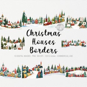 10 Christmas Houses Borders ClipArt, Christmas Village PNG, Jarmark Bożonarodzeniowy, Przytulna Zima, Sezon Świąteczny, Wysoka Jakość, Natychmiastowe Pobieranie