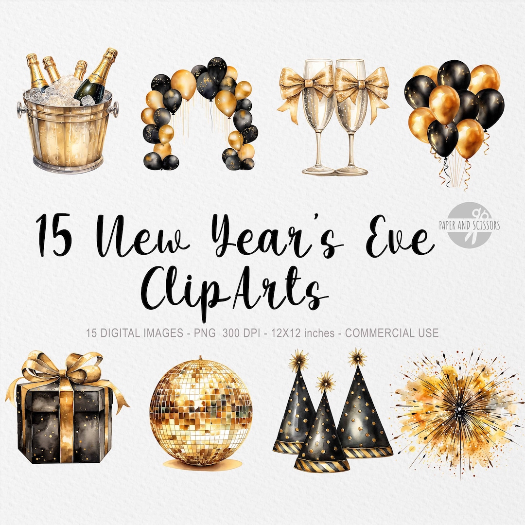 15 New Year's Eve Cliparts, Black & Gold New Year, New Year