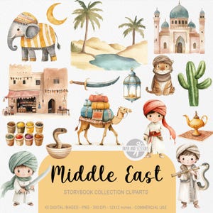 40 schattige ClipArts uit het Midden-Oosten, aquarel PNG, babydier kinderkamer, decor babyshower, scrapbooking, verjaardagsuitnodiging, woestijnverkenner Marokko