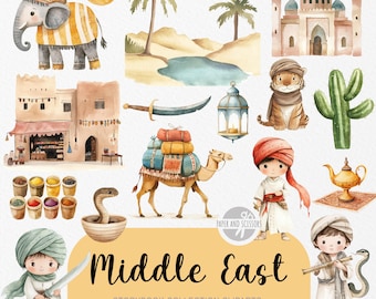 40 Cute Middle East ClipArts, Watercolor PNG, Nursery Baby Animal, Baby Shower Decor, Scrapbooking, Birthday Invite, Desert Explorer Morocco