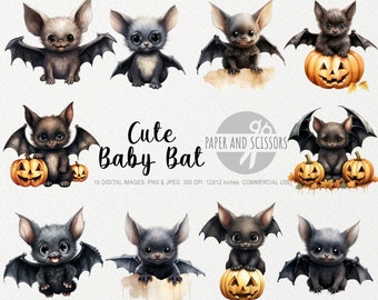 Halloween Cute Baby Bat ClipArt, Bat PNG, Watercolor Halloween Bat PNG, Halloween Clipart, Halloween Bundle, Pumpkin, Bat, Spooky PNG, Ghost