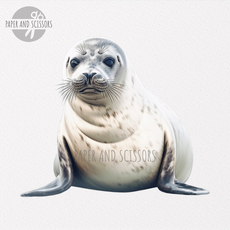 Puede incluir: Primer plano de una cr&iacute;a de foca gris y blanca con ojos negros y bigotes. La foca est&aacute; sentada sobre un fondo blanco.