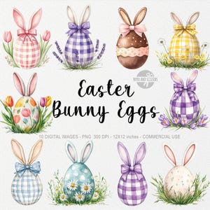 10 imágenes prediseñadas de huevos de Pascua, orejas de conejo PNG, acuarela de primavera, arte de huevos de Pascua preppy, ilustración de lazo grandmillenial, sublimación de álbumes de recortes