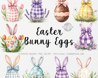 10 Easter Egg Cliparts, Bunny Ears PNG, Watercolor Spring, Preppy Easter Eggs Art, Grandmillenial Bow Illustration, Scrapbooking Sublimation