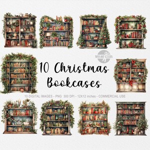 10 Christmas Bookcases ClipArt, Christmas Bookcases PNG, Christmas Bookcases illustration, Watercolor Christmas Bookcases, Christmas Library