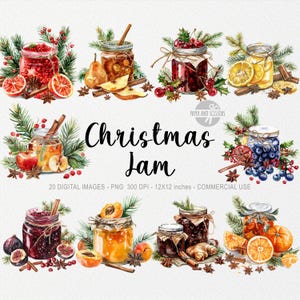 20 ClipArt di marmellata e spezie natalizie, PNG di marmellata natalizia, frutta acquerellata, spezie rustiche, vibrazioni natalizie, arte accogliente, arancia, bacche, mela