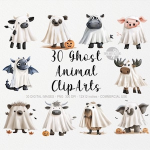 30 Geist Tiere ClipArts, Halloween PNG, Herbst Design PNG, Aquarell Illustration, Süße Baby Tiere Sublimation, Kinderzimmer Dekor, Aufkleber