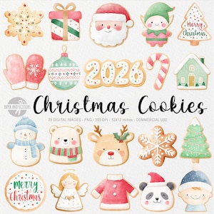 Könnte beinhalten: Aquarellillustrationen von Weihnachtsplätzchen in verschiedenen Formen, darunter Schneeflocke, Geschenkbox, Weihnachtsmann, Elf, Weihnachtsbaum, Fäustlinge, Ornament, Zuckerstange, Haus, Schneemann, Bär, Rentier, Engel und Panda. Der Text "Christmas Cookies" ist zu sehen.