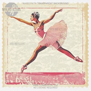 K&ouml;nnte beinhalten: Eine Vintage-Illustration einer Ballerina in einem rosafarbenen Tutu, die &uuml;ber eine B&uuml;hne springt. Der Hintergrund ist in einem verblassten, strukturierten Cremeton gehalten, mit dem Text "PAPER AND SCISSORS" in den oberen linken und unteren rechten Ecken.