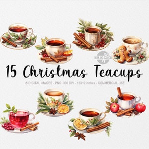 15 tazze da tè di Natale ClipArt, tazze da tè di Natale dell'acquerello PNG, ClipArt di Natale, bevande PNG, cibo PNG, vibrazioni accoglienti, cannella, limone, biscotto