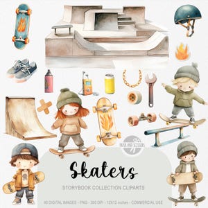 40 schattige skaters ClipArt, aquarel skateboard verhalenboek, stedelijke kinderkamer, tiener stadsgezicht, uitnodiging verjaardagsfeestje & decor, Instant Download