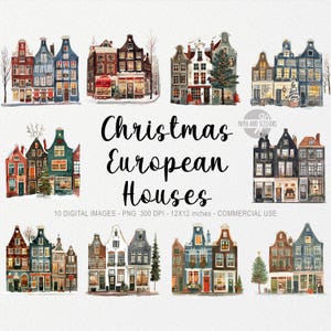 10 Christmas European House ClipArt, Village Border PNG, Amsterdam Building, Przytulna zima, Sezon świąteczny, Projekt do wydrukowania kartki DIY, Cegła