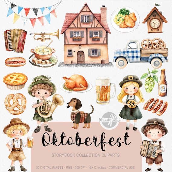60 Cute Oktoberfest ClipArt, Watercolor Storybook, Germany Fall Autumn, Medieval, October, Birthday Party Invite & Decor, Pretzel, Fondue