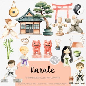 35 adorables imágenes prediseñadas de karate, cuentos de acuarela, guardería japonesa, Okinawa, invitación y decoración para fiesta de cumpleaños, descarga instantánea, licencia comercial