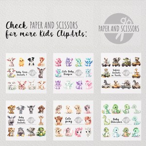 May include: A set of 10 digital clip art images featuring cute baby animals, including farm animals, safari animals, dragons, dinosaurs, and ponies. The images are in a watercolor style and are perfect for use in scrapbooking, card making, and other craft projects.