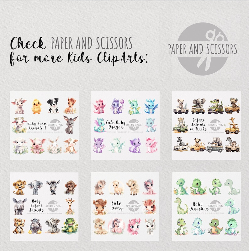 May include: A set of 10 digital clip art images featuring cute baby animals, including farm animals, safari animals, dragons, dinosaurs, and ponies. The images are in a watercolor style and are perfect for use in scrapbooking, card making, and other craft projects.
