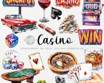 Casino Clipart, Watercolor Casino PNG, Poker Clipart, Digital Download, Slot Machine, Cards, Gambling Printables, Commercial Use, Digital
