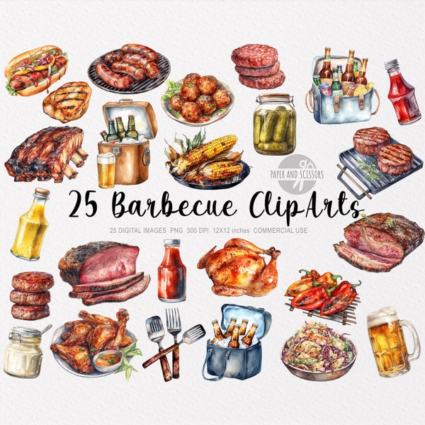 25 Barbecue ClipArt, Barbecue PNG, Barbecue illustration, Watercolor Barbecue, BBQ ClipArt, Barbecue Collection, Ribs, Burgers, Brisket