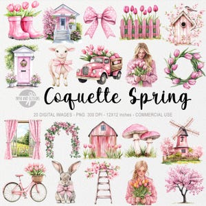 20 cliparts printaniers coquette, PNG de Pâques, aquarelle d'été, art d'oeufs de Pâques roses, illustration grand-millénaire, scrapbooking, sublimation
