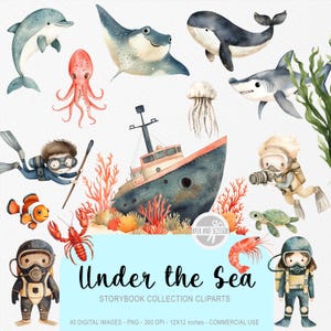 40 Unter dem Meer ClipArts, Aquarell Storybook PNG, Ozean-Kinderzimmer-Dekor, Meerestier, Scuba, Geburtstagsfeier einladen Dekor, kommerzielle Lizenz