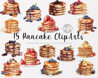 15 Pancake ClipArt, Pancake PNG, Watercolor Pancake illustration, Breakfast PNG, Breakfast ClipArt, Food ClipArt, American pancakes, Dessert