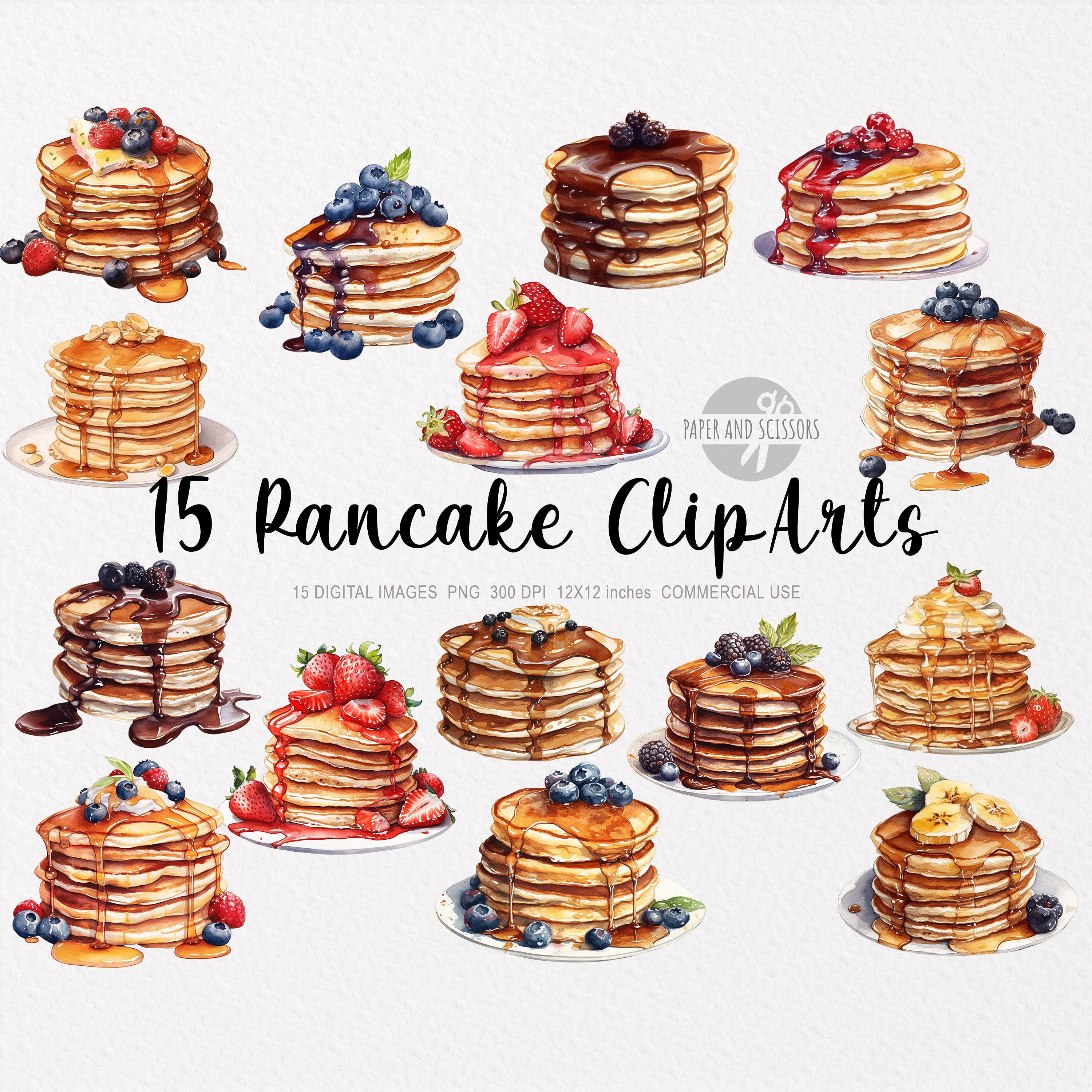 15 Pancake ClipArt, Pancake PNG, Acquerello Pancake illustrazione, Colazione PNG, ClipArt colazione, ClipArt cibo, Pancakes americani, Dessert