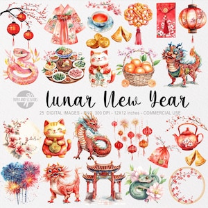 25 Lunar New Year ClipArts, Chiński NYE, Wąż zodiakalny, 2025, Azjatyckie świętowanie, Chińskie rzemiosło, Akwarelowy Nowy Rok, Chińskie Święto Smoka